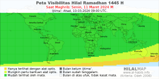 peta visibilitas hilal ramadhan 1445 H pada petang hari Senin, 11 Maret 2024.