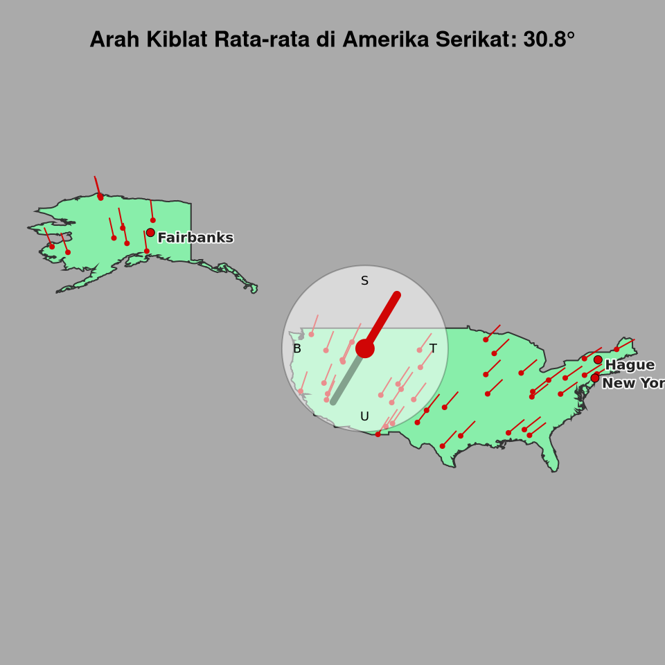 Peta arah kiblat rata-rata di Amerika Serikat