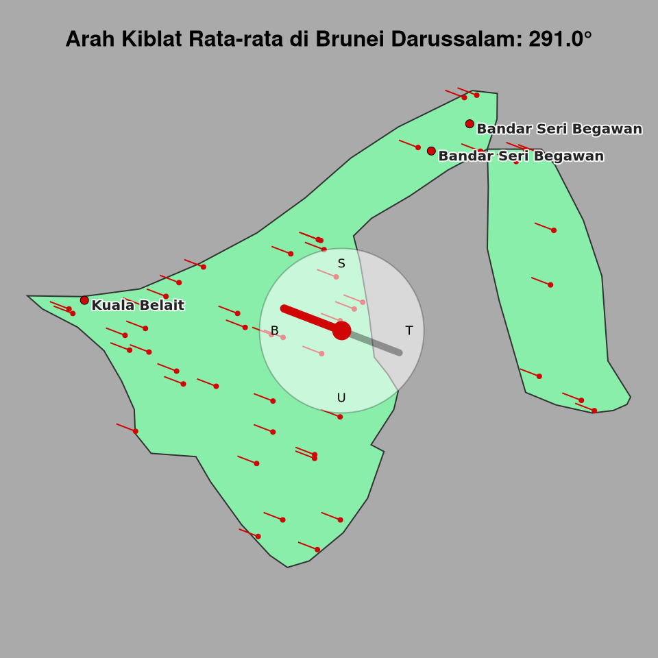 Peta arah kiblat rata-rata di Brunei Darussalam