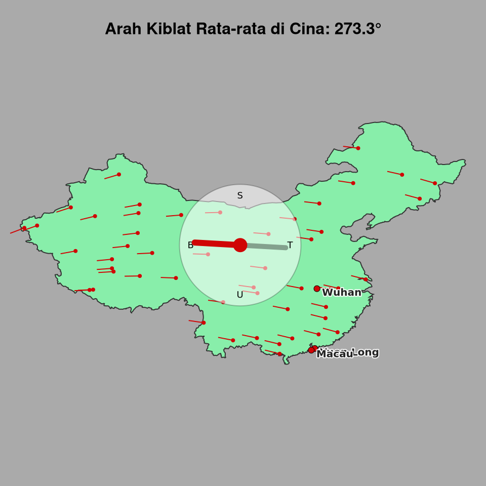 Peta arah kiblat rata-rata di Cina