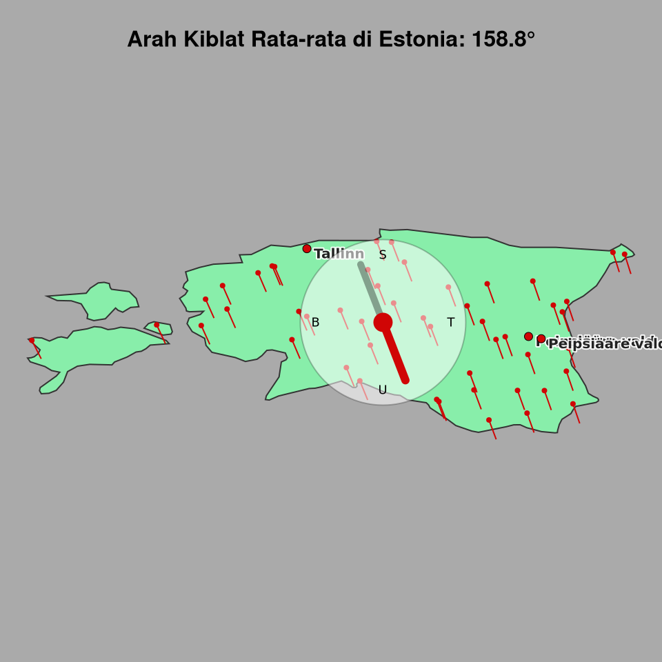 Peta arah kiblat rata-rata di Estonia