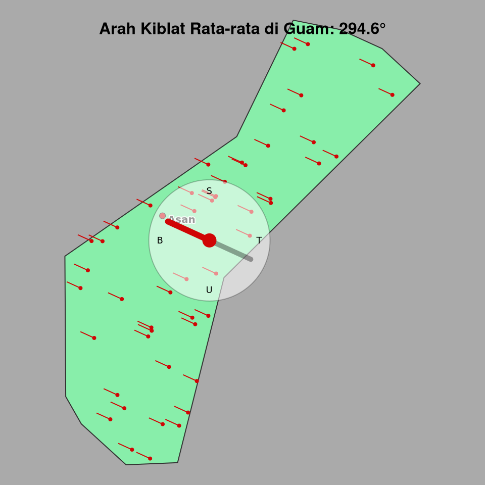 Peta arah kiblat rata-rata di Guam
