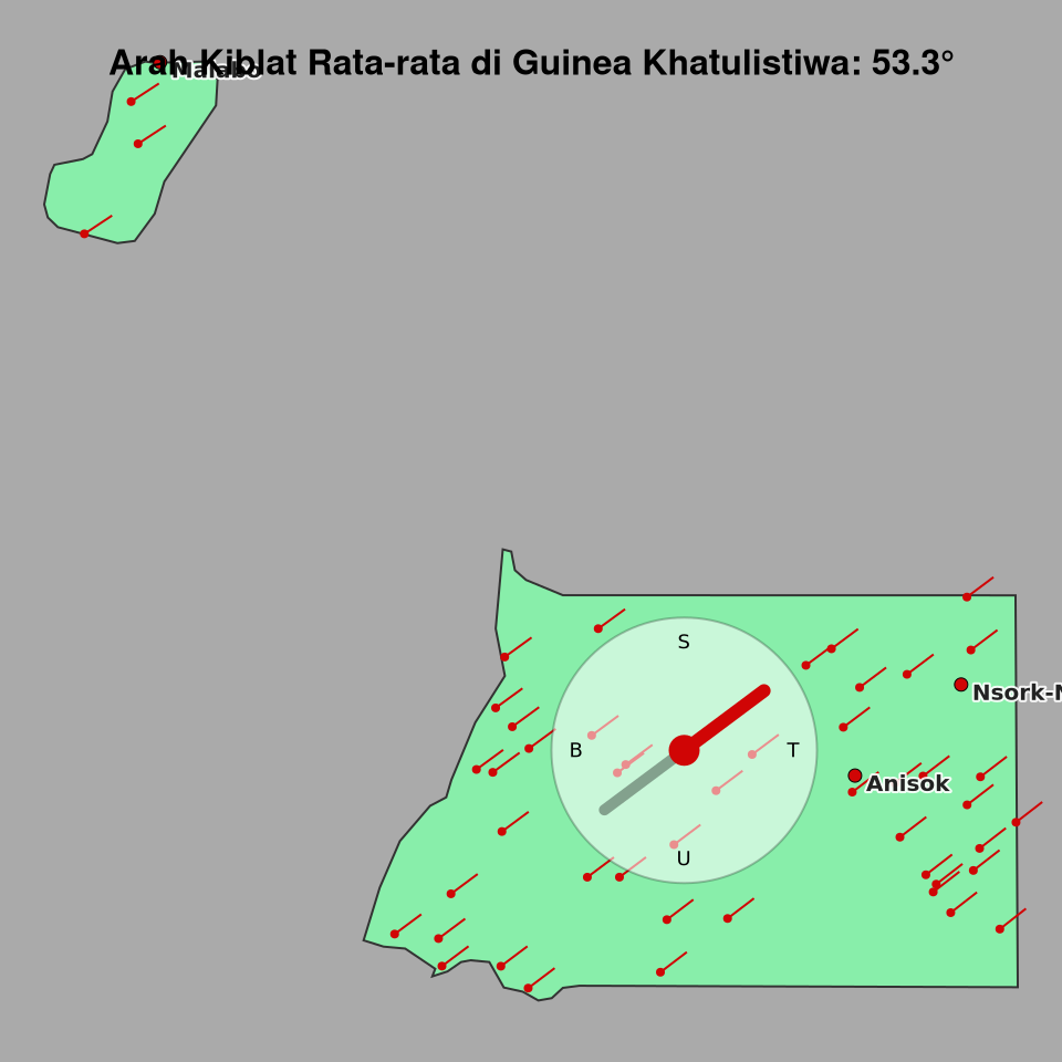 Peta arah kiblat rata-rata di Guinea Khatulistiwa