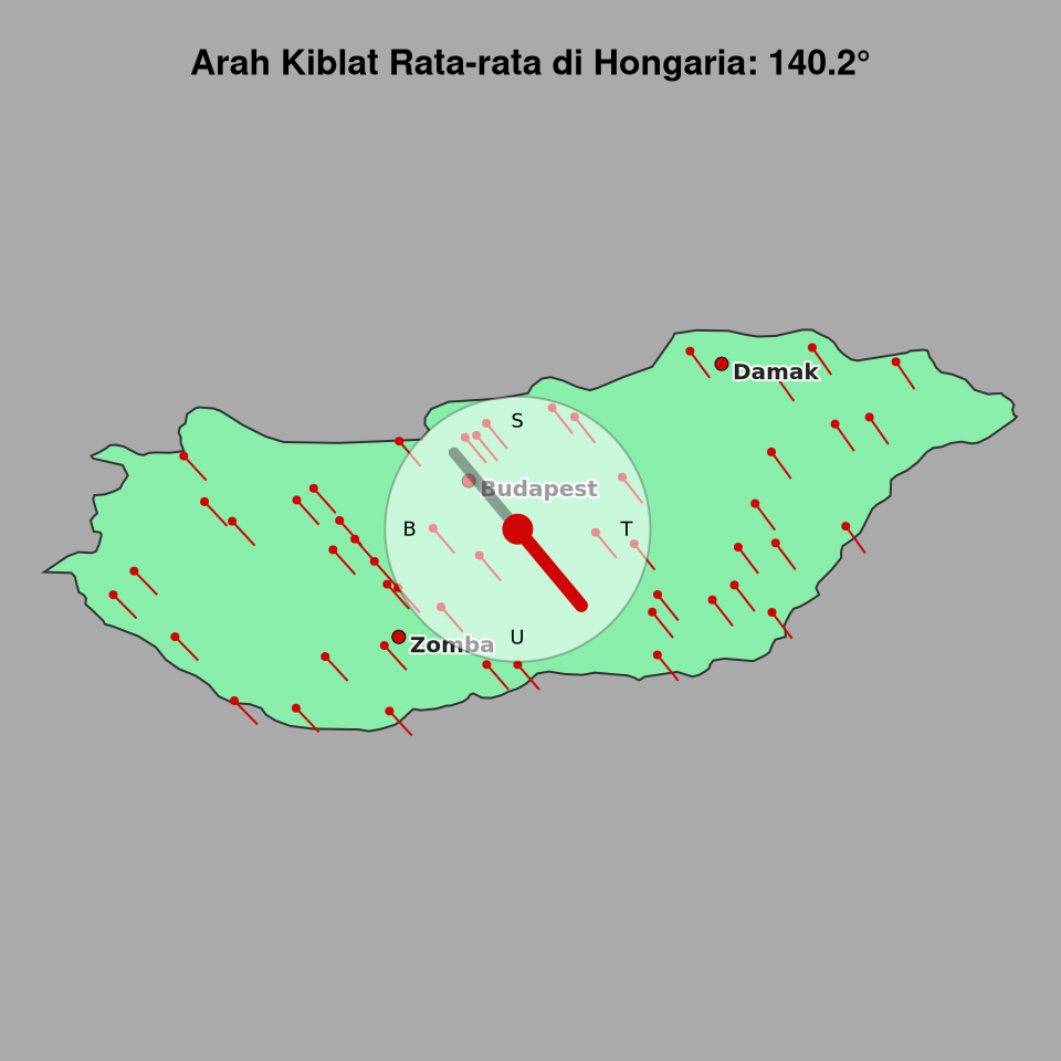 Peta arah kiblat rata-rata di Hongaria