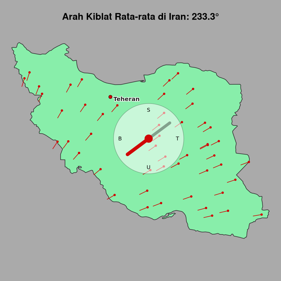 Peta arah kiblat rata-rata di Iran