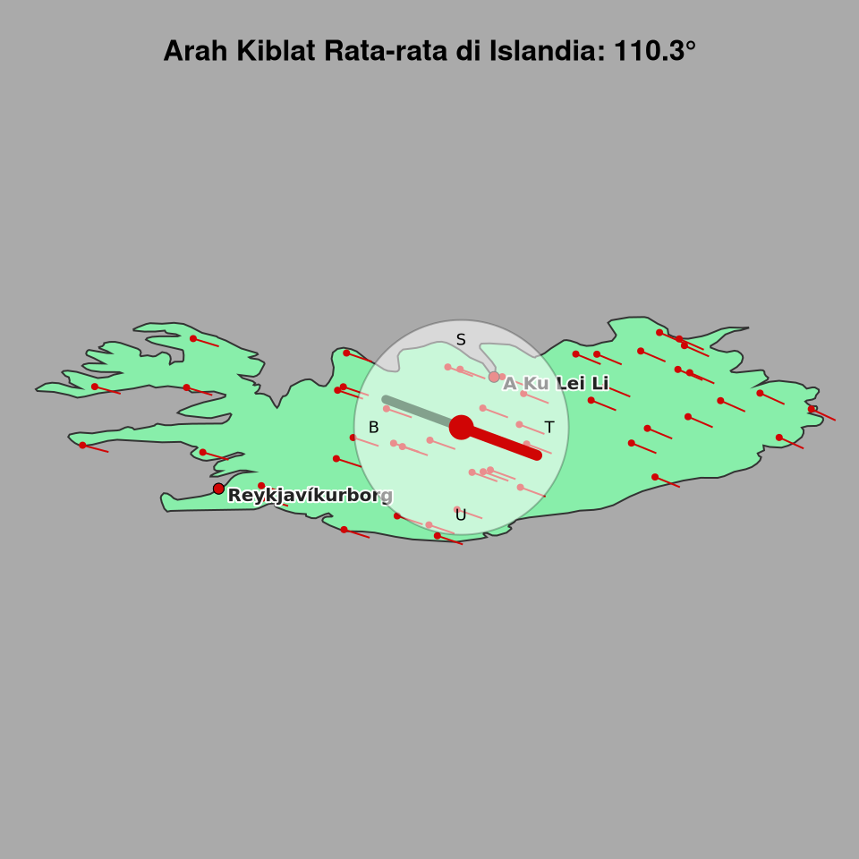 Peta arah kiblat rata-rata di Islandia