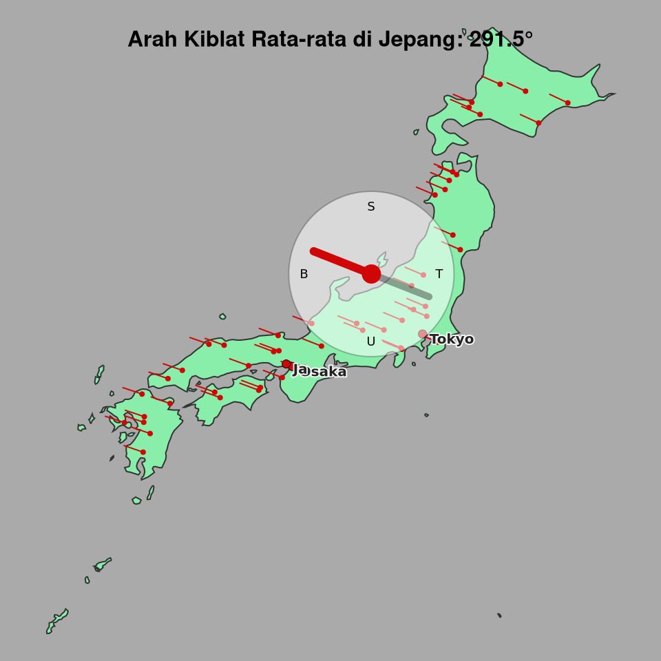 Peta arah kiblat rata-rata di Jepang