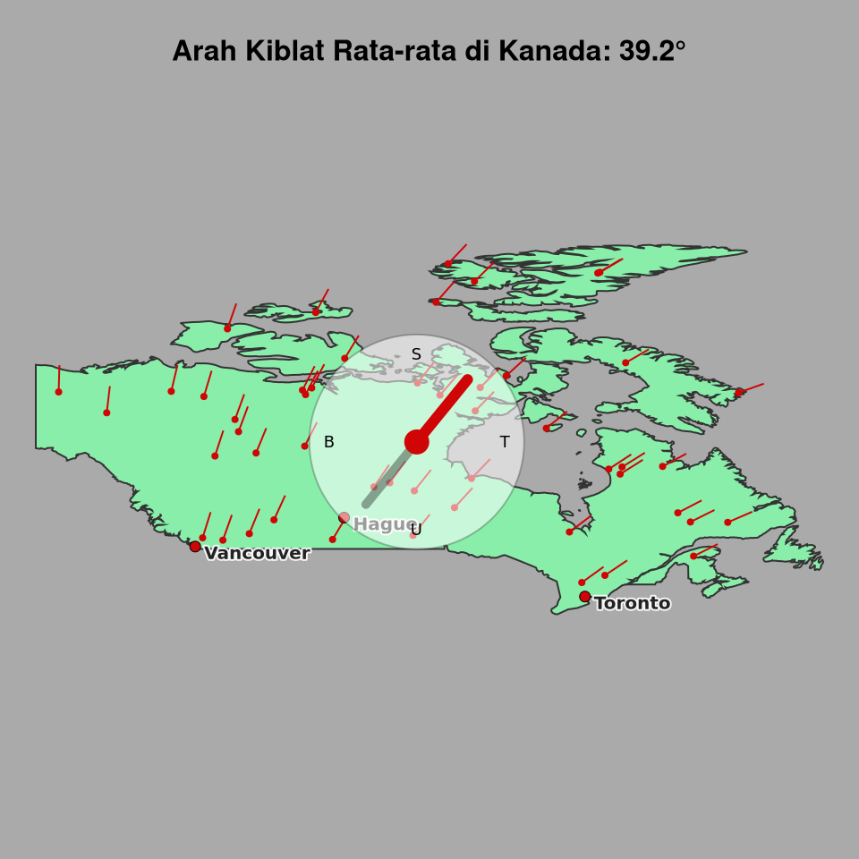 Peta arah kiblat rata-rata di Kanada