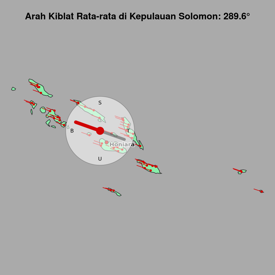Peta arah kiblat rata-rata di Kepulauan Solomon