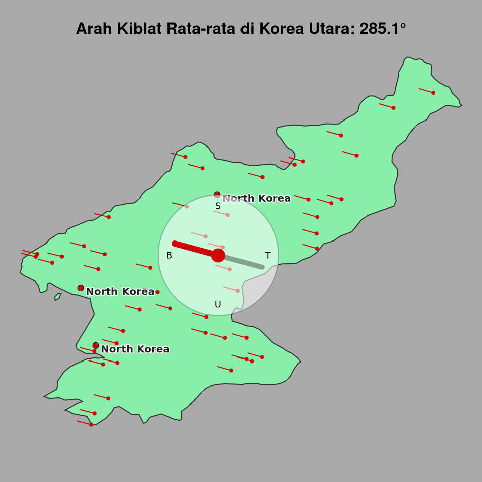Peta arah kiblat rata-rata di Korea Utara