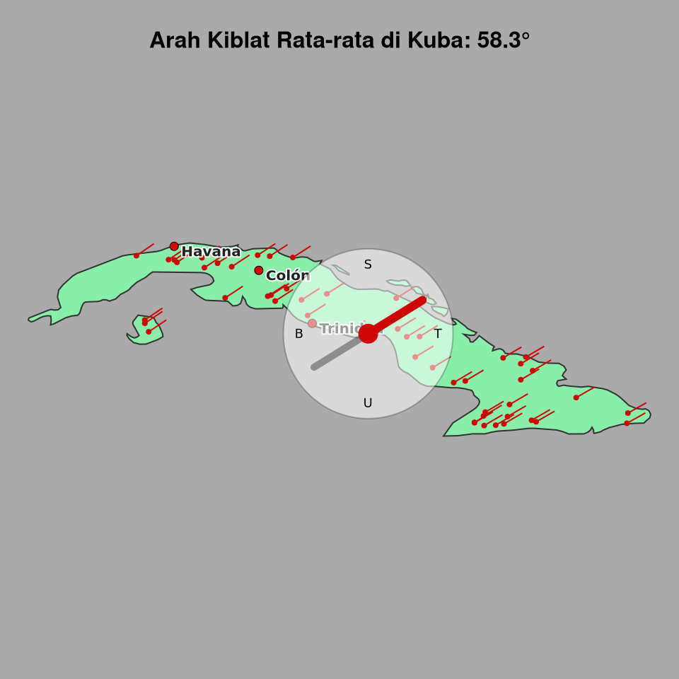 Peta arah kiblat rata-rata di Kuba