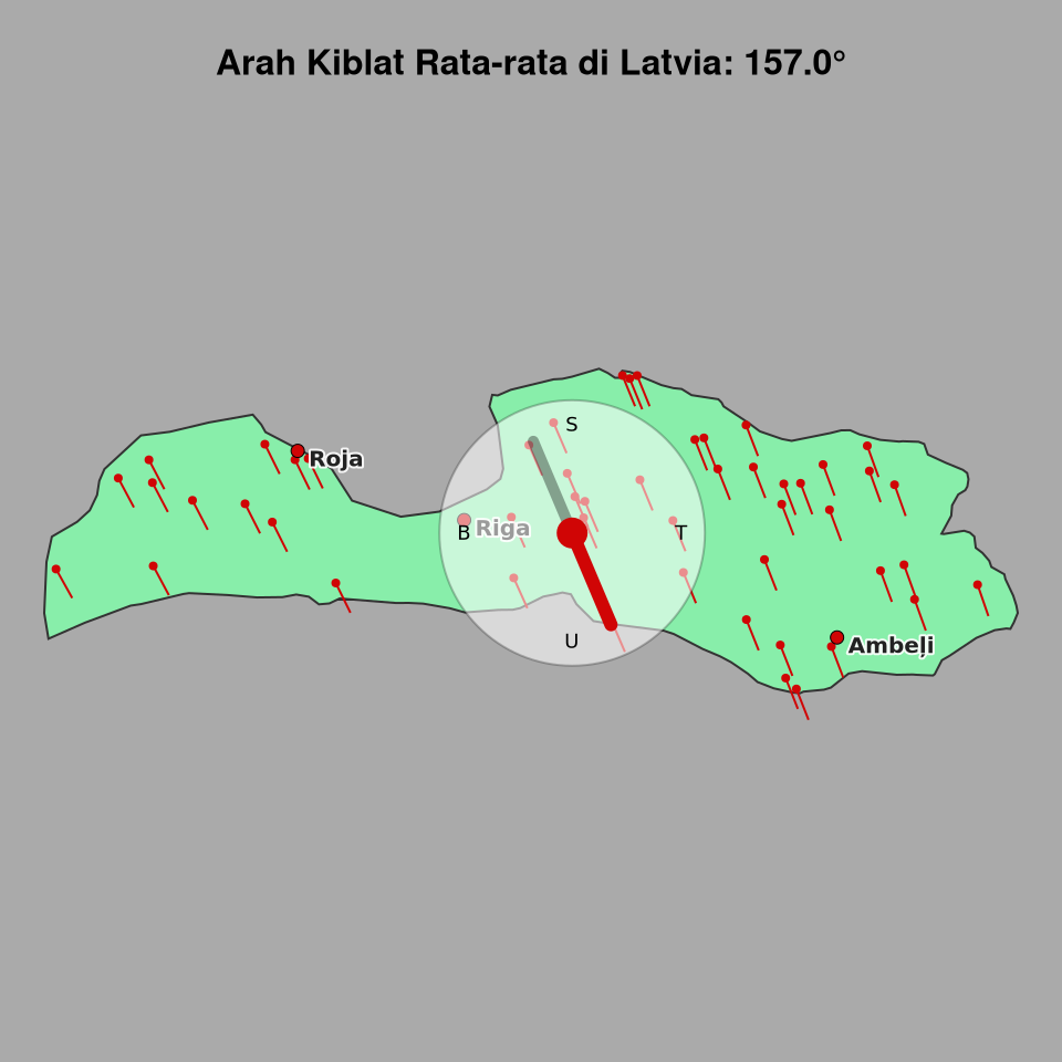 Peta arah kiblat rata-rata di Latvia