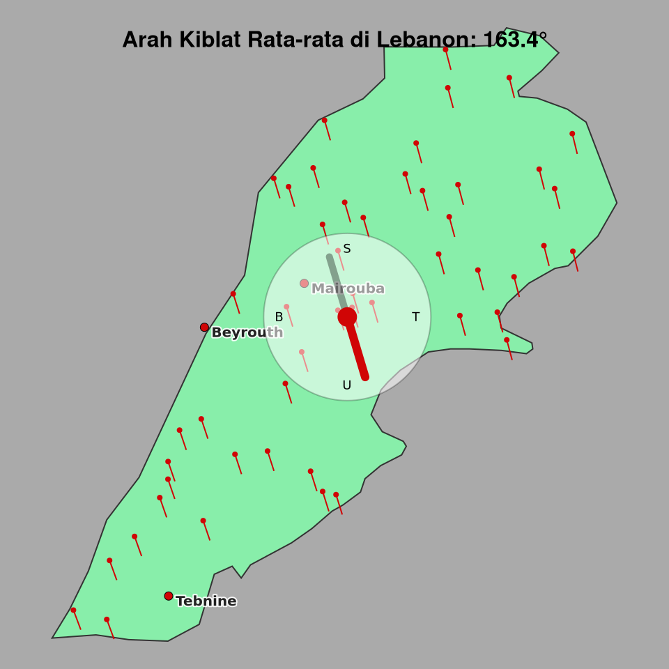 Peta arah kiblat rata-rata di Lebanon