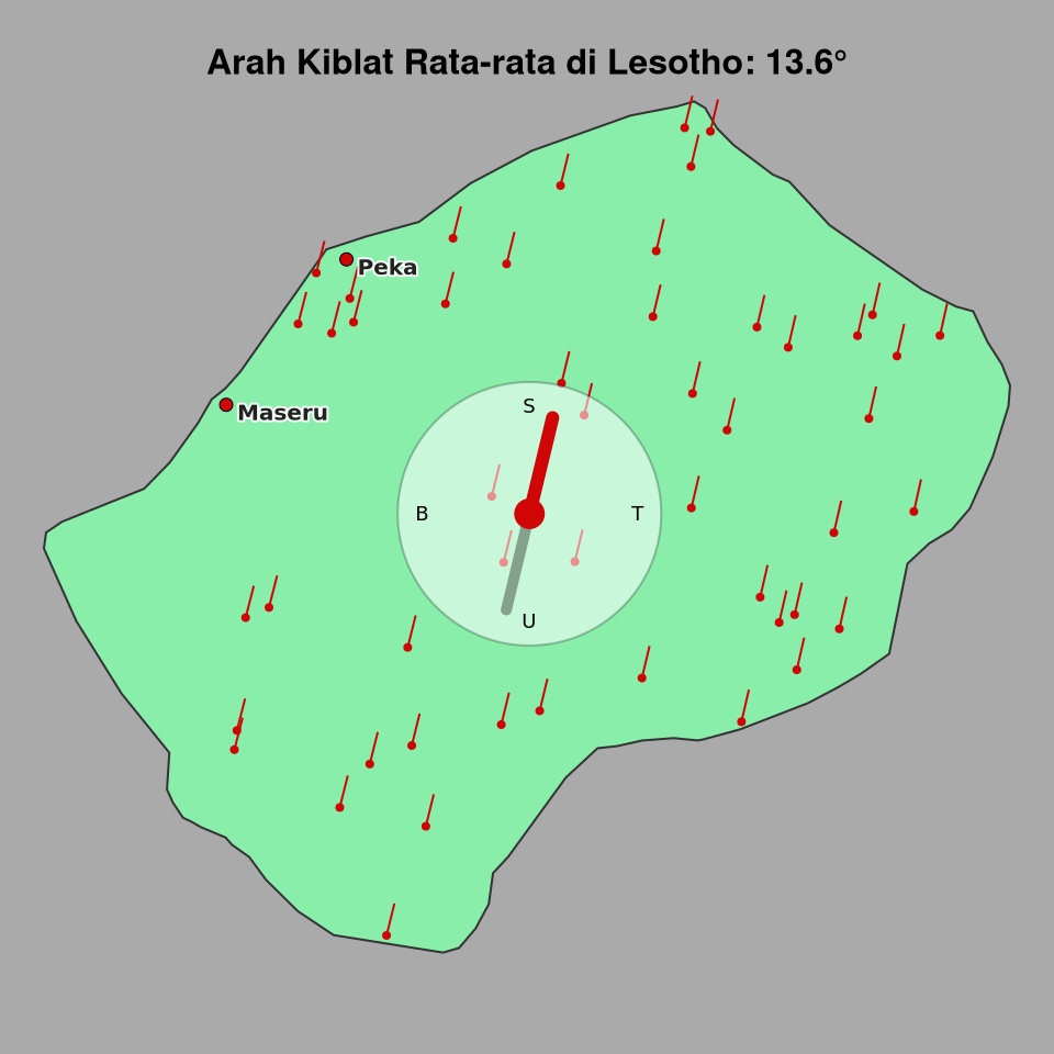 Peta arah kiblat rata-rata di Lesotho