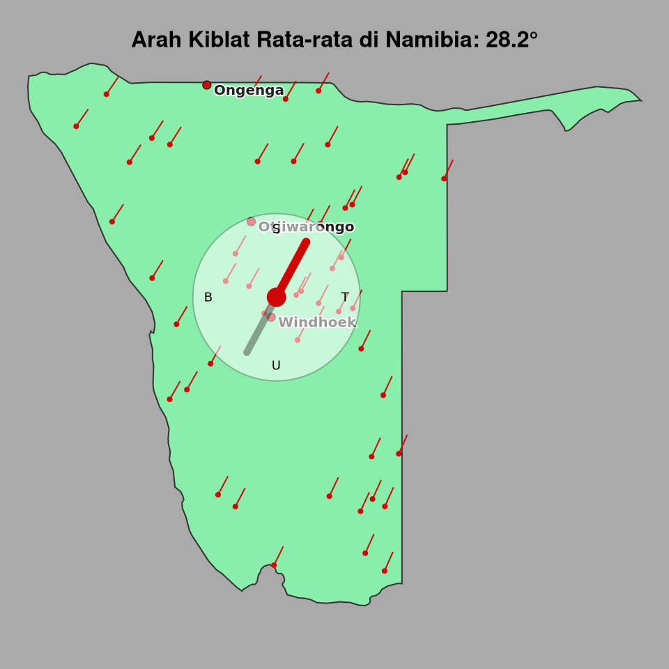 Peta arah kiblat rata-rata di Namibia