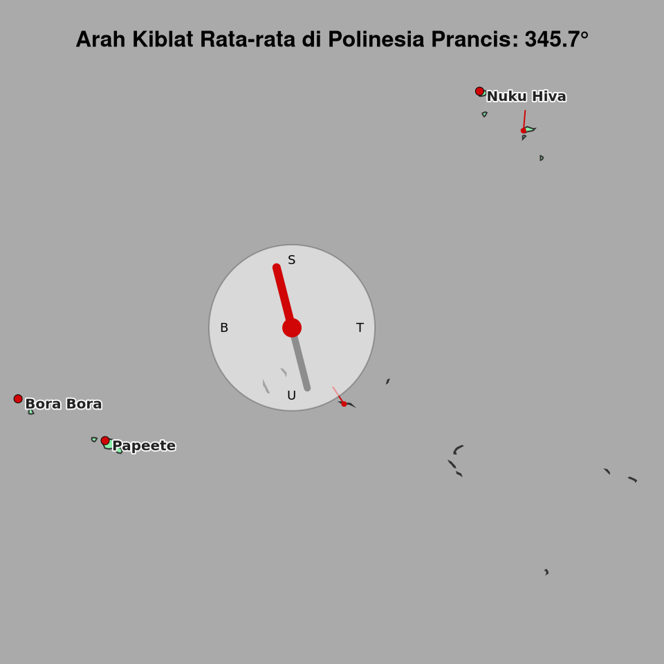 Peta arah kiblat rata-rata di Polinesia Prancis