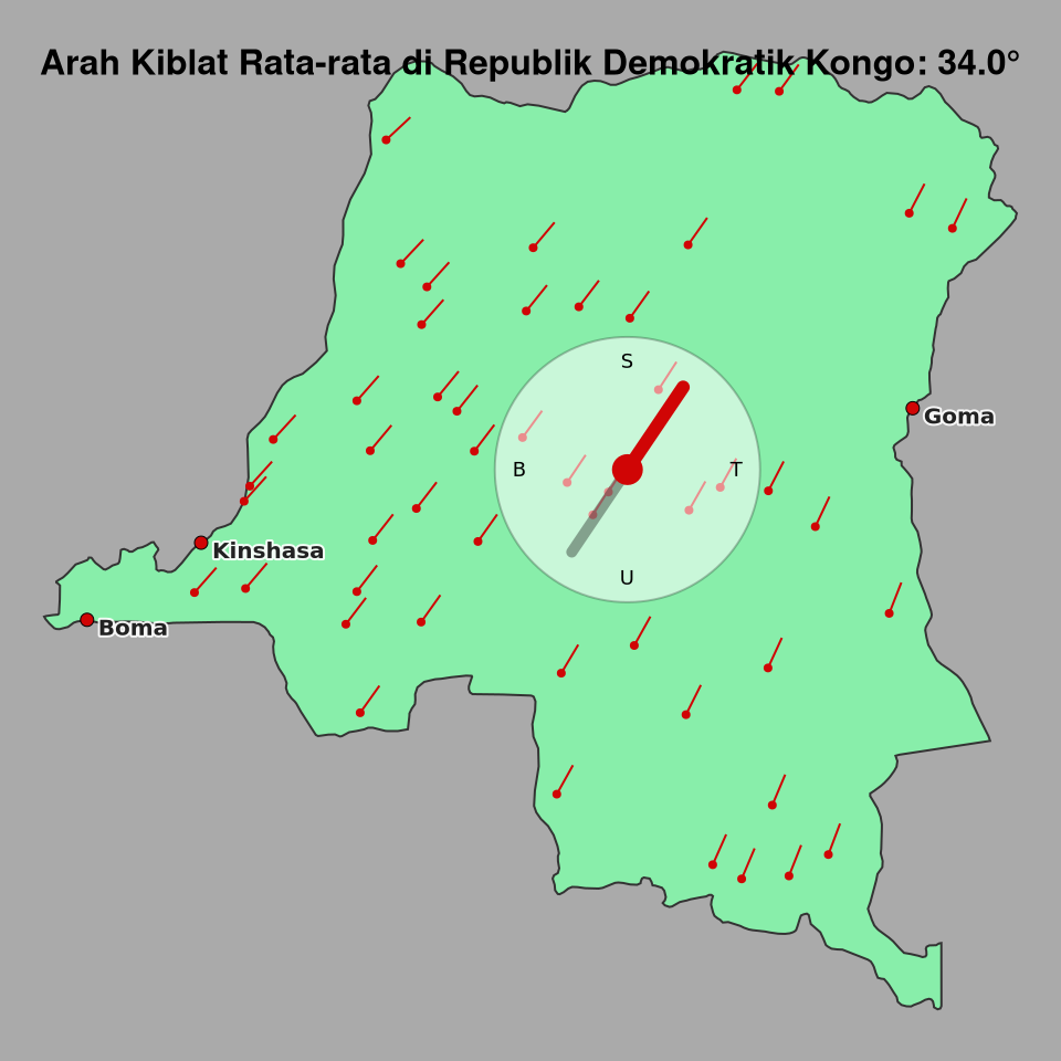 Peta arah kiblat rata-rata di Republik Demokratik Kongo
