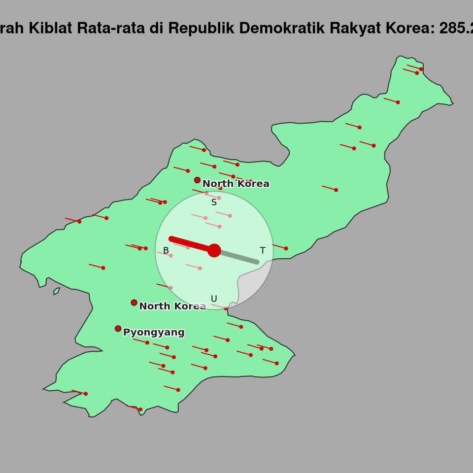Peta arah kiblat rata-rata di Republik Demokratik Rakyat Korea