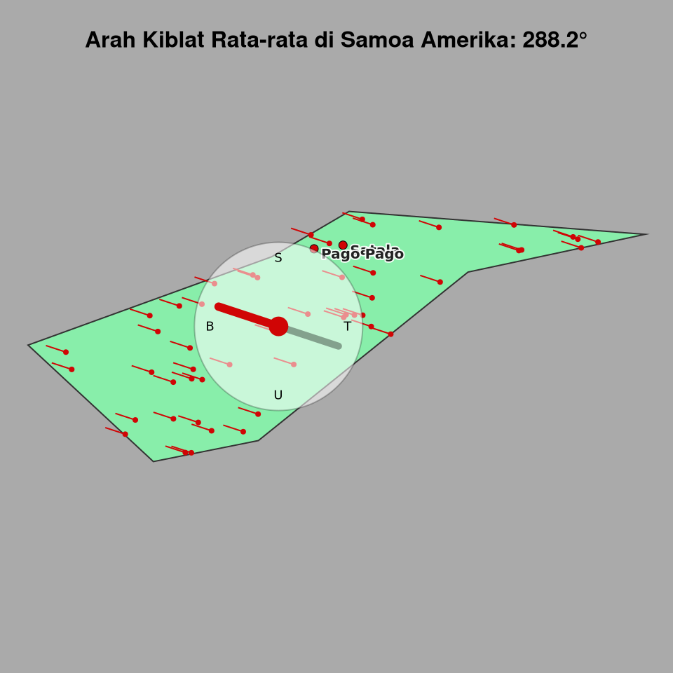 Peta arah kiblat rata-rata di Samoa Amerika