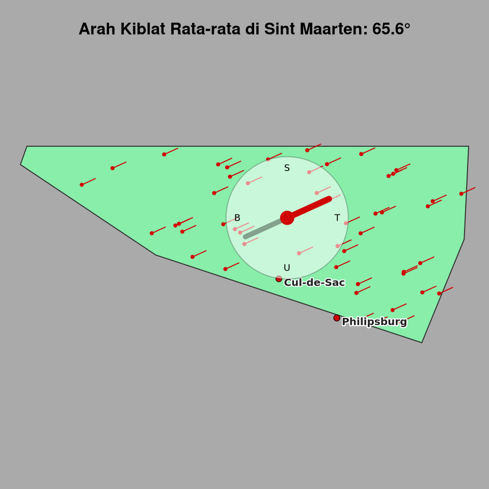 Peta arah kiblat rata-rata di Sint Maarten