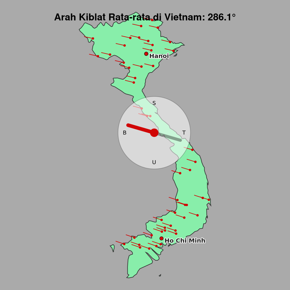Peta arah kiblat rata-rata di Vietnam