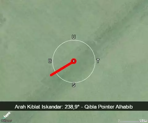 peta arah kiblat Iskandar: 238,9°