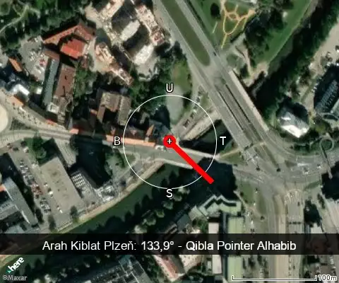 peta arah kiblat Plzeň: 133,9°