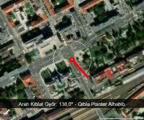 peta arah kiblat Győr: 138,0°