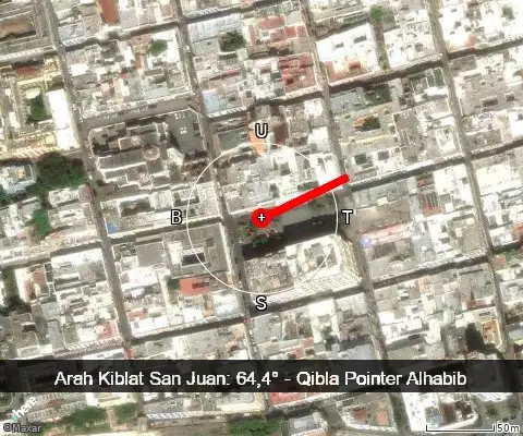 peta arah kiblat San Juan: 64,4°