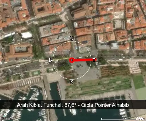 peta arah kiblat Funchal: 87,6°