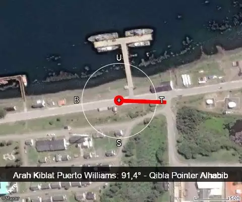 peta arah kiblat Puerto Williams: 91,4°