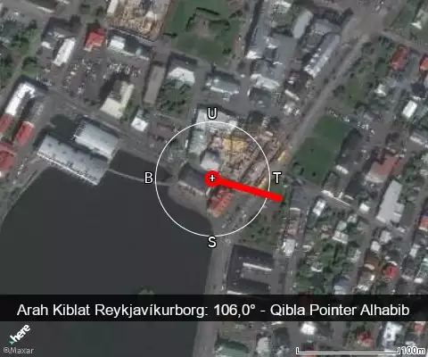 peta arah kiblat Reykjavíkurborg: 106,0°