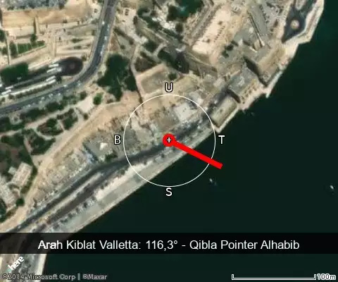 peta arah kiblat Valletta: 116,3°