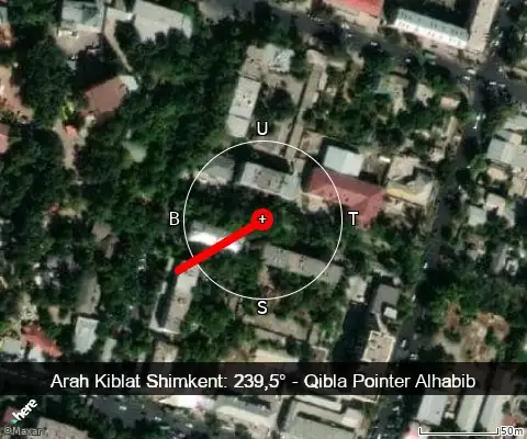 peta arah kiblat Shimkent: 239,5°
