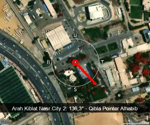 peta arah kiblat Nasr City 2: 136,3°
