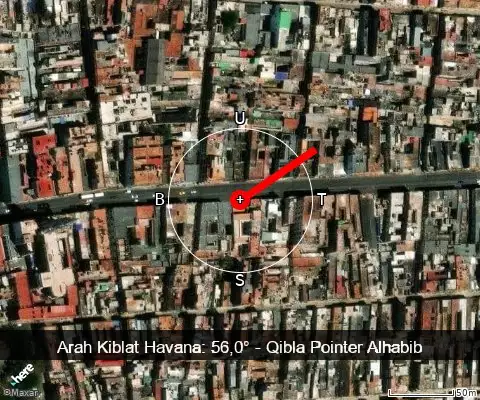 peta arah kiblat Havana: 56,0°