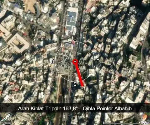 peta arah kiblat Tripoli: 163,8°
