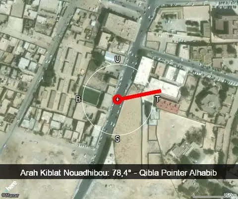 peta arah kiblat Nouadhibou: 78,4°