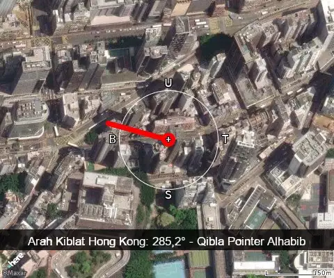 peta arah kiblat Hong Kong: 285,2°