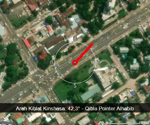 peta arah kiblat Kinshasa: 42,3°
