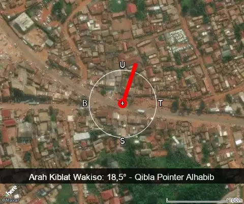 peta arah kiblat Wakiso: 18,5°