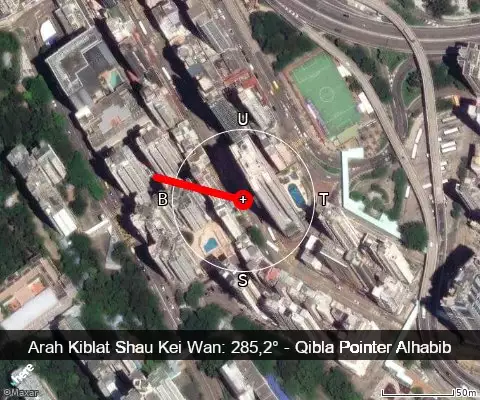 peta arah kiblat Shau Kei Wan: 285,2°