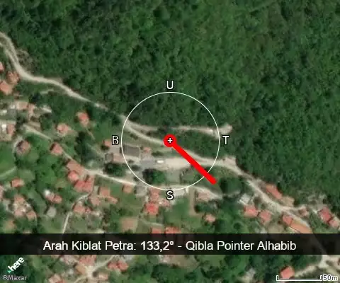 peta arah kiblat Petra: 133,2°