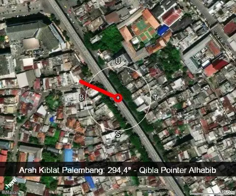 peta arah kiblat Palembang: 294,4°