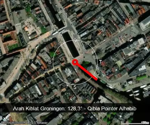 peta arah kiblat Groningen: 128,3°