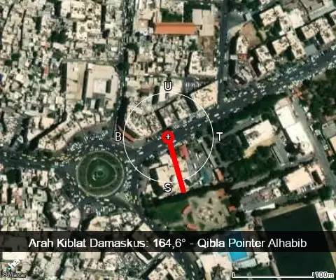 peta arah kiblat Damaskus: 164,6°