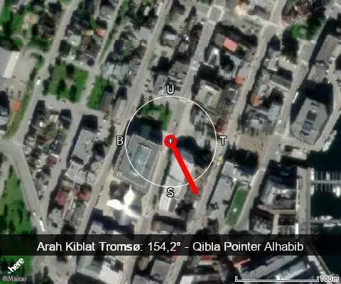 peta arah kiblat Tromsø: 154,2°