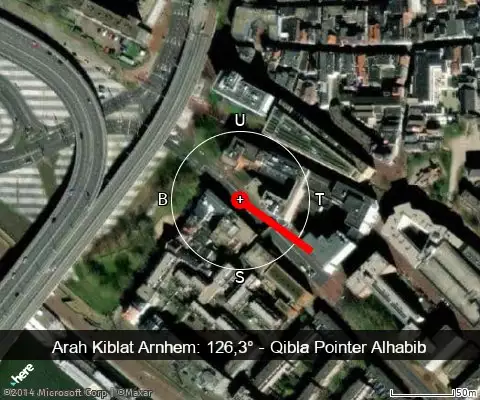 peta arah kiblat Arnhem: 126,3°