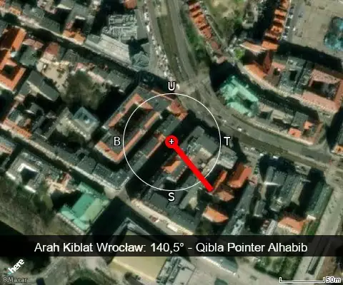 peta arah kiblat Wrocław: 140,5°