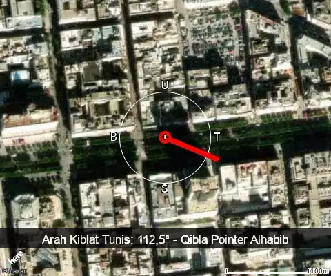 peta arah kiblat Tunis: 112,5°